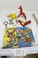 Vintage baby toys, and fabric storybook