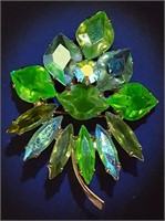 Vtg Uranium Glass & Green Marquise Stones Brooch