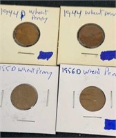 Four wheat pennies 1944D, 1944, 1955D, 1956D