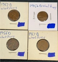 Four wheat pennies 1957D, 1952D, 1956D, 1957D