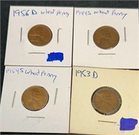 Four wheat pennies 1956D, 1944S, 1954S, 1953D