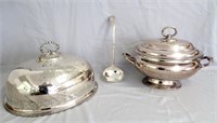 Silver plate lidded ship's tureen & ladle, crested