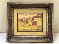 Vintage Oil Painting of women working in a field