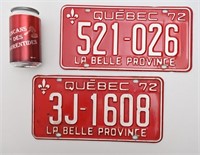 2 plaques d'immatriculation, Québec, 1972