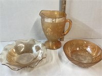 IRIS & HERRINGBONE CARNIVAL GLASS BOWLS, PITCHER