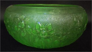 Uranium Depression Glass Floral Bowl, 6" x 3"
