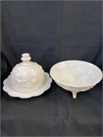 Milk Glass Footed Bowl, Covered Dish, With Apple