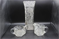 Floral Cut Glass Vase & Cream Sugar Set
