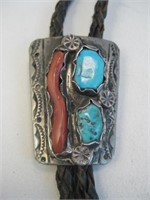 Navajo SS Coral & Turquoise Bolo Tie - Tested
