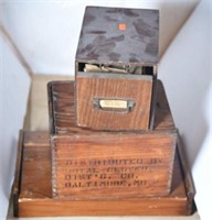 3 wooden boxes, to include advertising box from