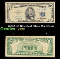 1953A $5 Blue Seal Silver Certificate Grades vf+