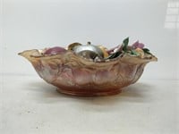 carnival glass bowl, fake apple and ceramic