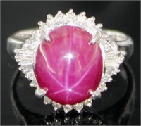 Platinum 8.13 ct Natural Star Ruby & Diamond Ring