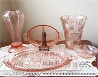 Pink depression glass vases, platter