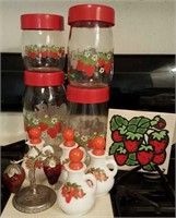Strawberry glass canisters, cruets salt and pepper