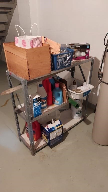 Metal shelf, cleaning supplies &bulbs