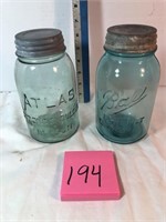 2-blue/green quart Mason jars w/zinc lids
