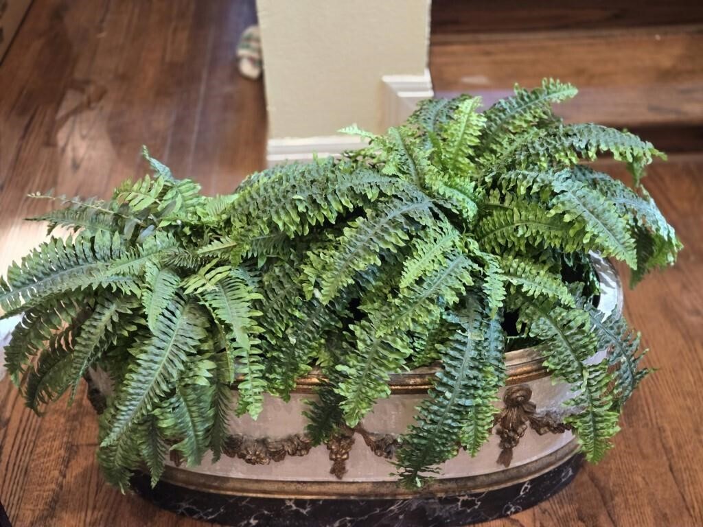 Very Heavy Ornate Planter w/Faux Ferns