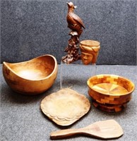 Carved Wooden Bird, Teak Bowl, Mug & More