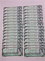30x 1967 (crisp Unc) Canadian 1 Dollar Bills