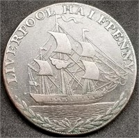 1791 Liverpool Halfpenny Conder Token w/Tall Ship