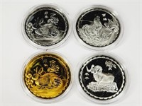 4 Silver Plate Chinese Zodiac / Blessing Coins