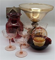 (N) glassware including witch ball, candy dish,