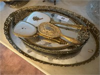 3 Mirrored Vanity Trays with set of Brushes and
