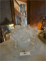 Heavy Glass Decanter with Tray and Stemware