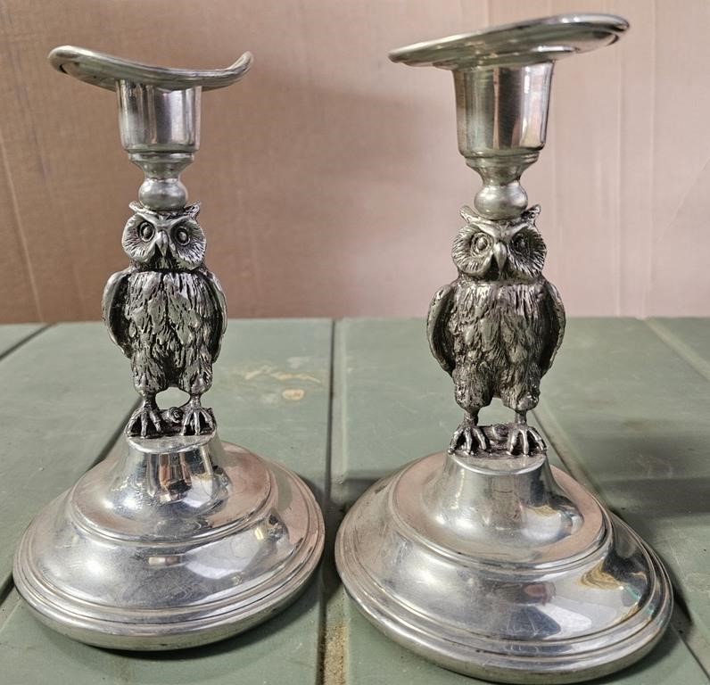 Pair 6.5"h pewter owl candlestick holders