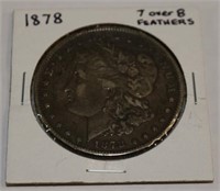 1878 "7 over 8 Feathers" Morgan Silver Dollar