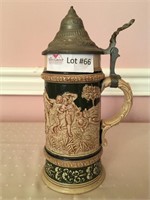Pottery stein, relief, pewter lid, #1253, 9 1/4"