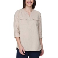 Tahari Women's LG Roll Sleeve Henley Shirt, Beige