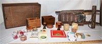 LOT - CANDLES, OLD WOODEN BOXES, ETC.