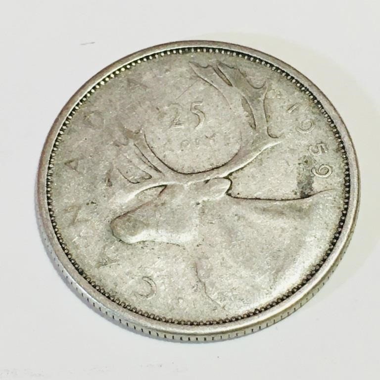 Silver 1959 Canada 25 Cent Coin