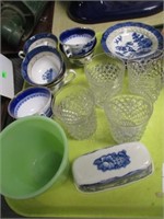 BLUE CUPS & SAUCERS, CUT GLASS, GREEN VASE