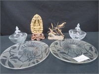 SOAPSTONE CARVING, PRAWN ORNAMENT, 4 DISHES