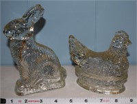 Vtg clear glass bunny & hen nest candy containers