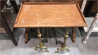 Vintage coffee table and a pair of brass andirons