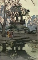 Hiroshi Yoshida Woodblock Print "In A Temple Yard"
