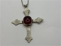 Sterling Red Stone Cross Necklace 18"