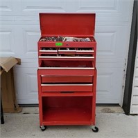Tool box and cart with misc tools and sockets.