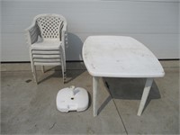 WHITE PATIO TABLE, UNBRELLA STAND, 4 WHITE CHAIRS