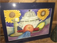 Sunflower still-life watercolor painting in frame