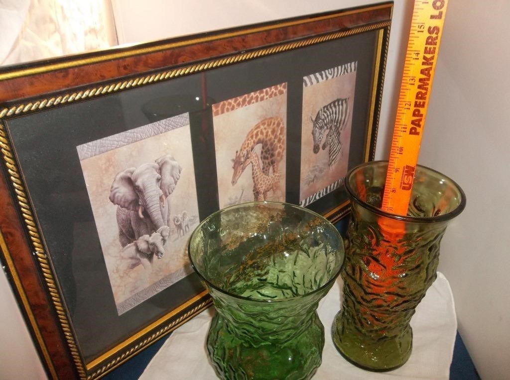Home Interiors Safari Art & 2 Green Vases (Brody)