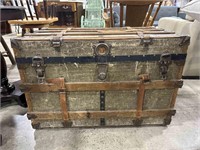 ANTIQUE WOOD & LEATHER TRUNK 35" X 19" X 23"