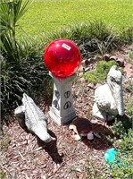 YARD ART-GAZING BALL ON STAND, PELICAN BROKEN