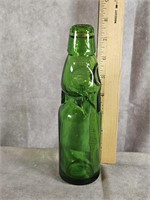 DARK GREEN GLASS COD SODA BOTTLE WITH MARBLE