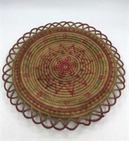 Round Rattan Tray With Red Design