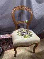 Floral carved Needlepoint Chair - 18” x 18” x 35”